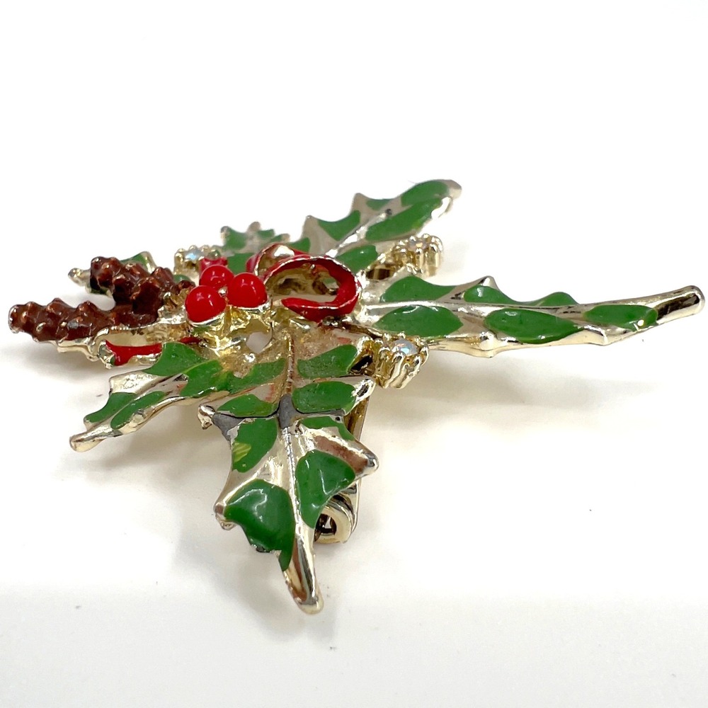 Vintage‎ Christmas Holly Pinecone Enamel Brooch Gold Red Green AB Pin - Picture 3 of 6